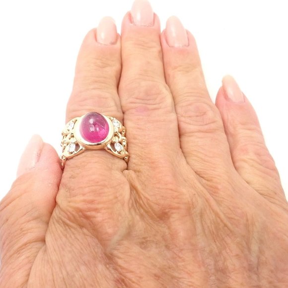 Authentic Christian Dior 18k Yellow Gold Diamond Large Pink Tourmaline Band Ring - Picture 8 of 9
